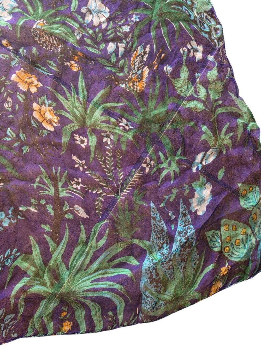 Navy Blue Silk Floral Bird Tropical Print Scarf 40X43